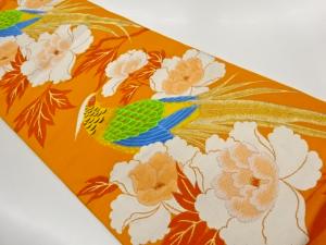 雉に牡丹模様織出し袋帯